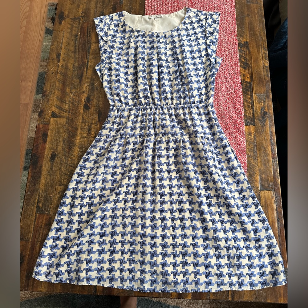 Tan and Blue calf length dress -Size 4